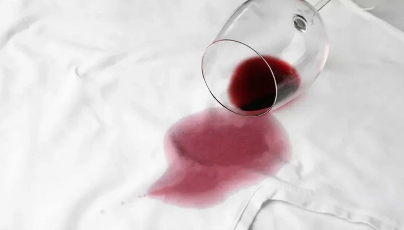 Detailed image of an overturned glass spilling red liquid, leaving a prominent wine stain on white cotton fabric.
