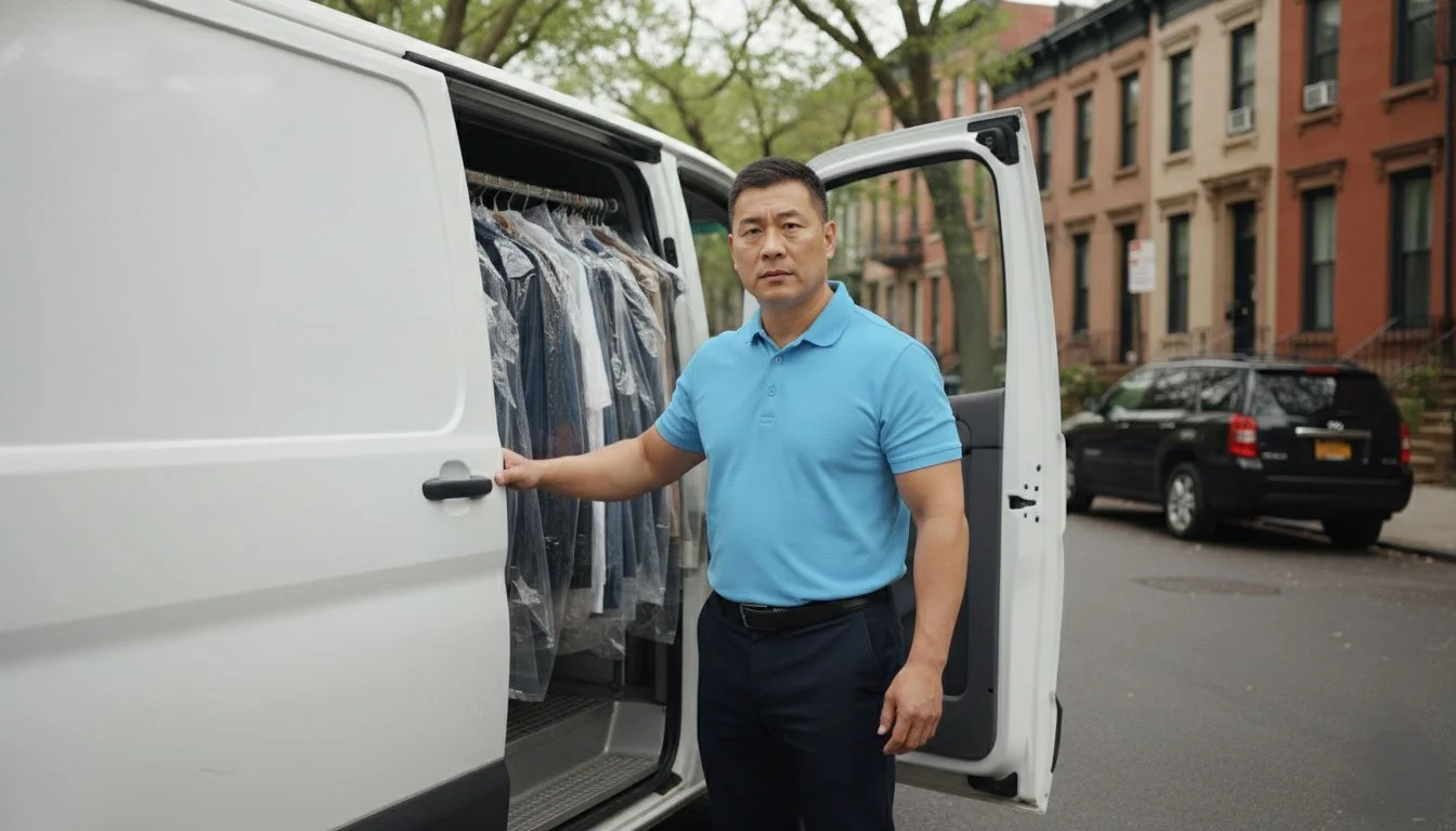 Laundry service professional standing by a delivery van. Leave dirty clothes for pick up. Convenient home delivery.