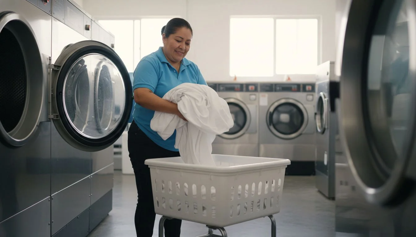 Professional laundry worker transferring white linens into a basket as part of a convenient Wash and Fold service.