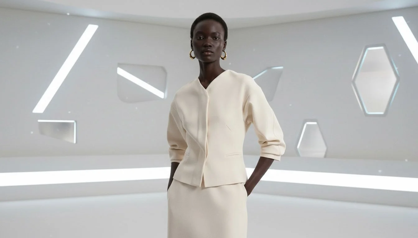 Model in a structured cream suit within a minimalist studio, demonstrating professional fashion and wardrobe care.