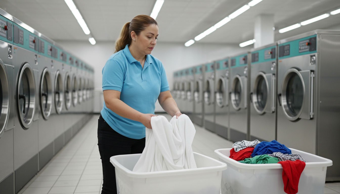 A Happy Cleaners friendly employee in a blue uniform sorting fresh white laundry at a clean commercial laundromat.