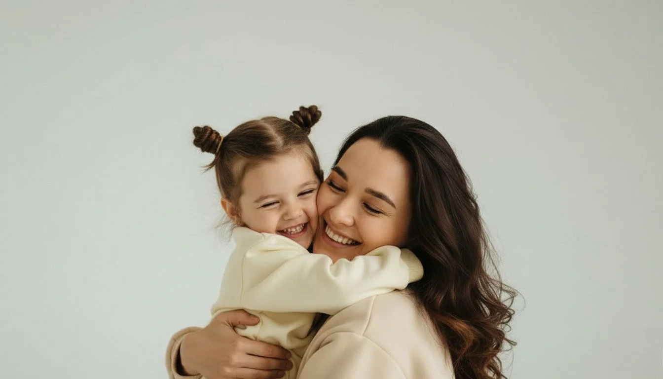 Happy mother and daughter hugging in soft sweaters, showcasing the fresh results of professional dry cleaning near me.
