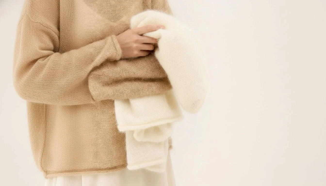 Person in a soft tan knit sweater holding a folded cream garment, showcasing elegant and cozy neutral winter clothes.