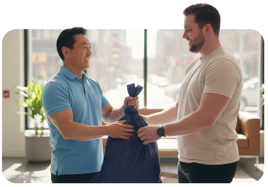 Two men smile while holding a large blue bag together, illustrating a successful corporate partnership in a modern office.