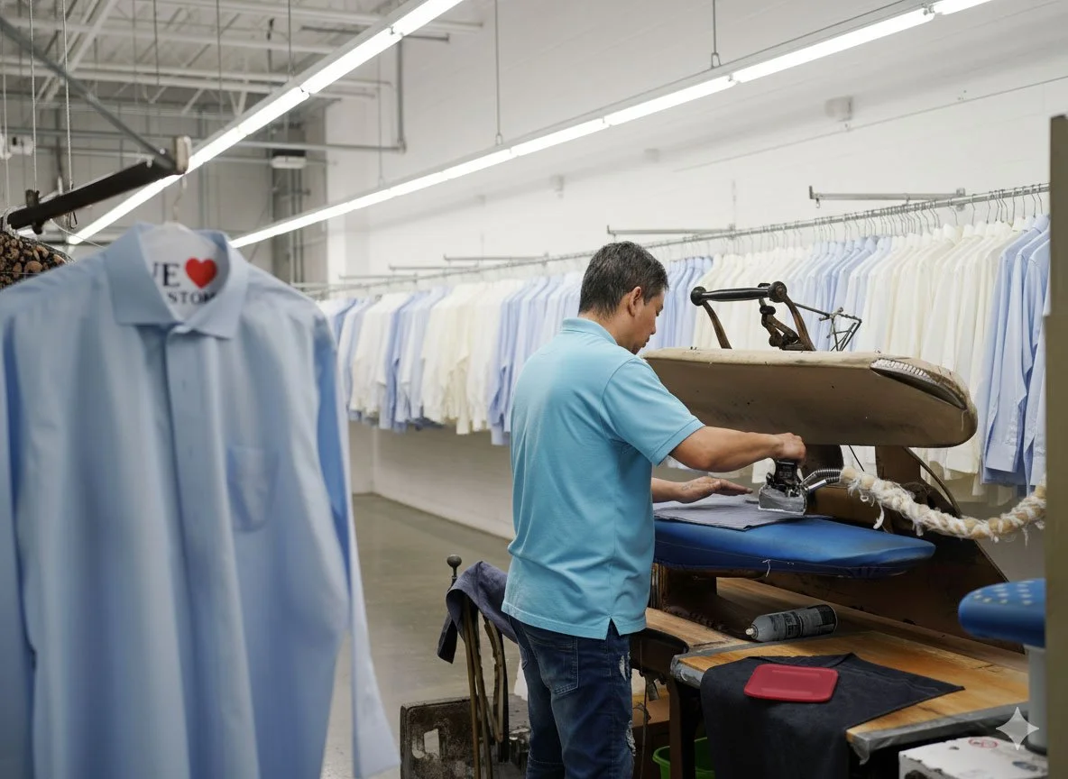 A professional laundry specialist ironing a dress shirt using an industrial steam press in a garment care facility.