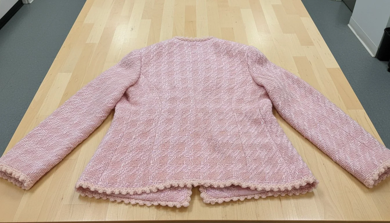 Quality inspection of a pink tweed jacket showing the back panel and textured trim on a light wooden table.