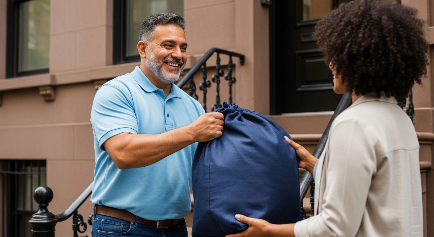 A delivery professional hands a clean laundry bag to a customer at home via a convenient wash and fold service.