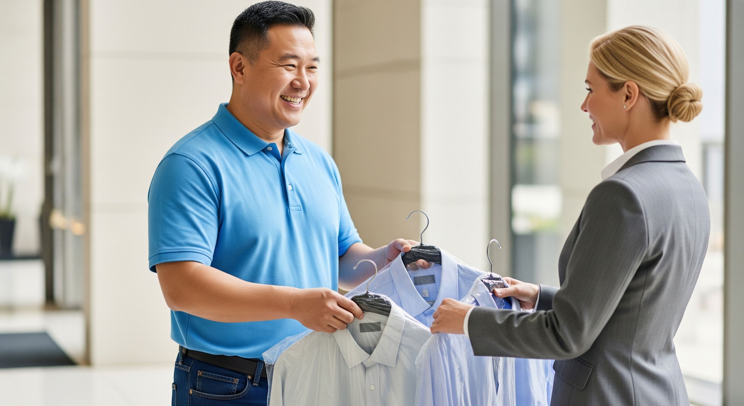 Smiling delivery staff hands freshly dry-cleaned business shirts to a professional woman during a Happy Cleaners pickup.