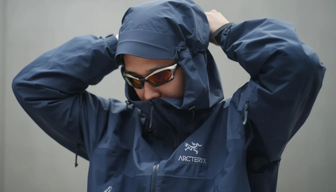 A person wearing a navy Arc'teryx hooded shell and sunglasses, demonstrating high-performance Technical Wears for outdoors.