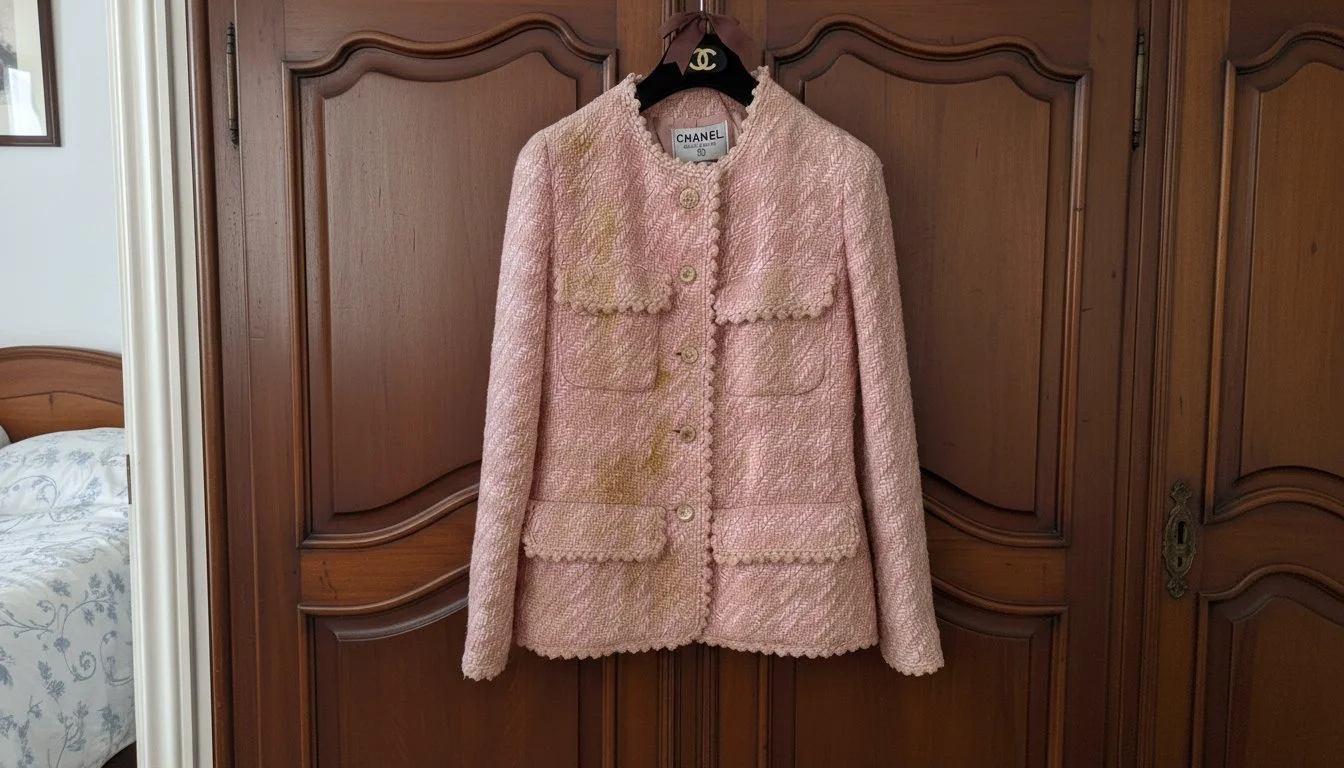 Stained pink tweed Chanel jacket hanging on a wood wardrobe, awaiting professional fabric rescue and restoration services.
