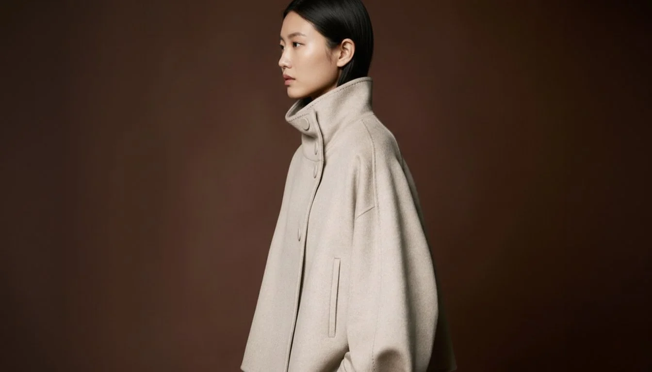 A model wears a high-collared beige wool suit jacket, captured in profile against a professional dark brown backdrop.