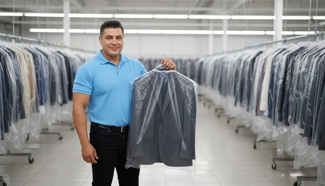 A professional displays a gray suit jacket on The Right Hanger inside an organized and spacious garment cleaning warehouse.