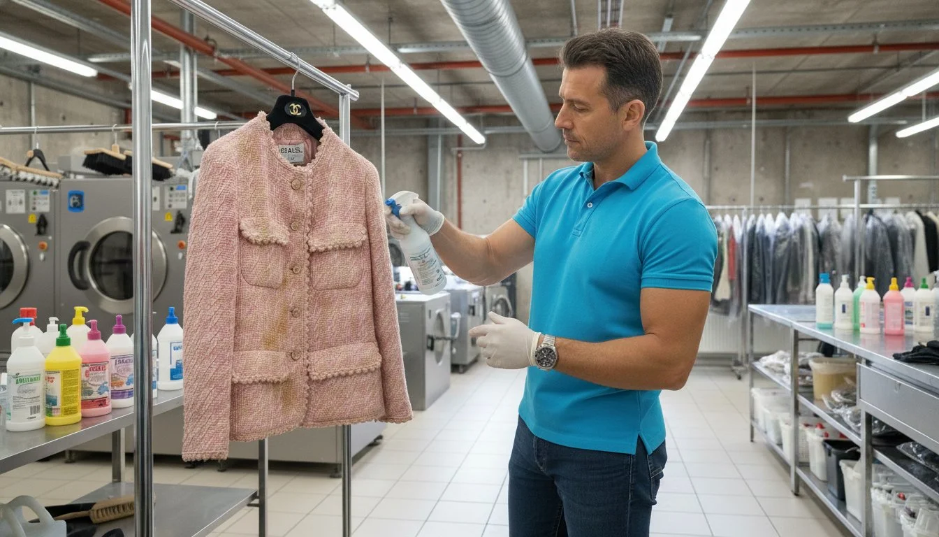 Professional worker using a pre-treatment spray to dry clean a designer pink tweed jacket in a commercial laundry facility.