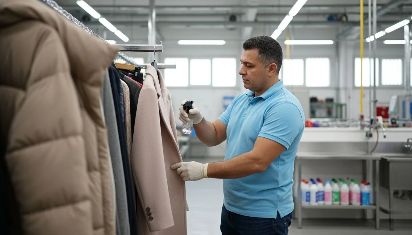 A professional technician performing Fine Dry Cleaning by carefully spot treating a coat in a modern facility.
