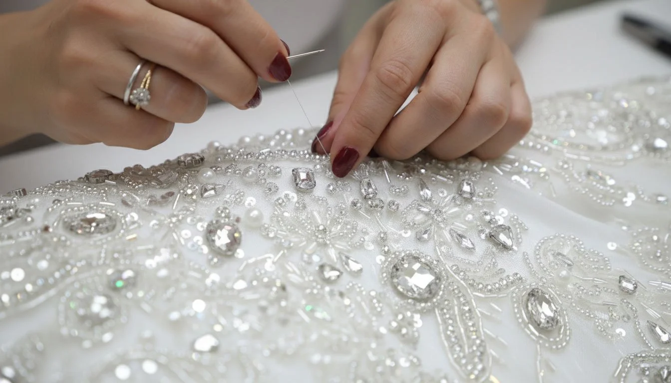 Close-up view of professional hands performing a meticulous beadwork repair on an intricate, white sequined bridal gown.