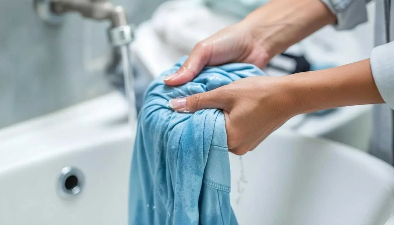 A close-up of hand-washing a light blue garment in a sink highlights How We Handle It with expert care and precision.