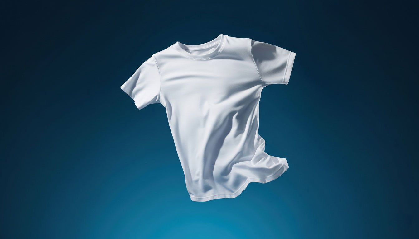 Pristine white t-shirt floating against a blue gradient background, showcasing professional everyday wear care tips.