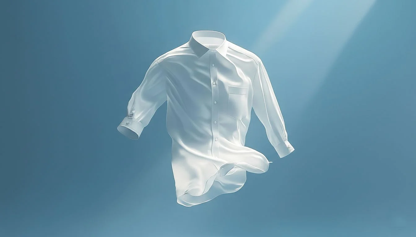 A floating white dress shirt illuminated by a sunbeam, illustrating the delicate nature of expert silk shirt care.