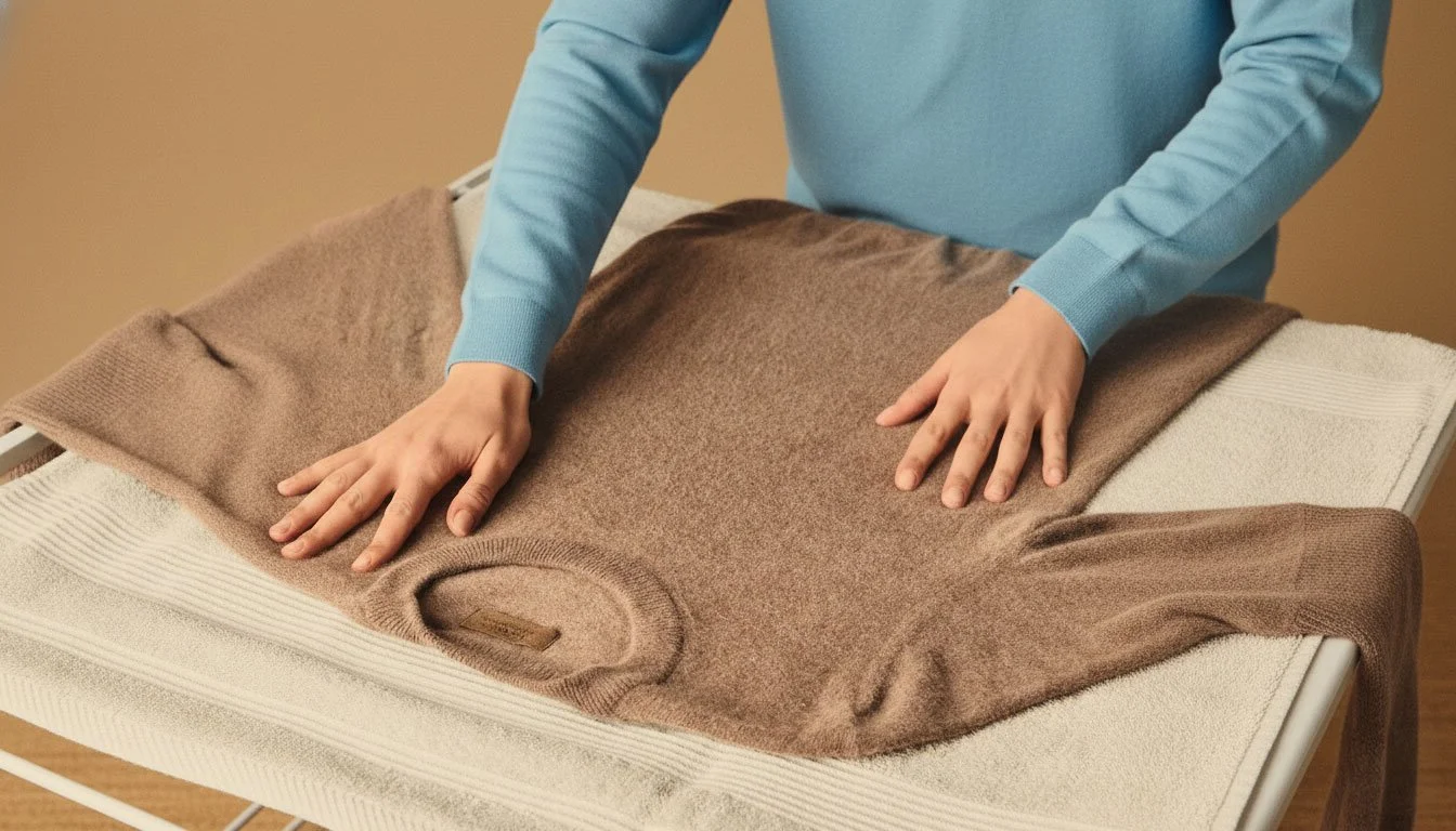 Expertly flat drying a brown sweater on a towel, showcasing meticulous professional laundry services for delicate care.