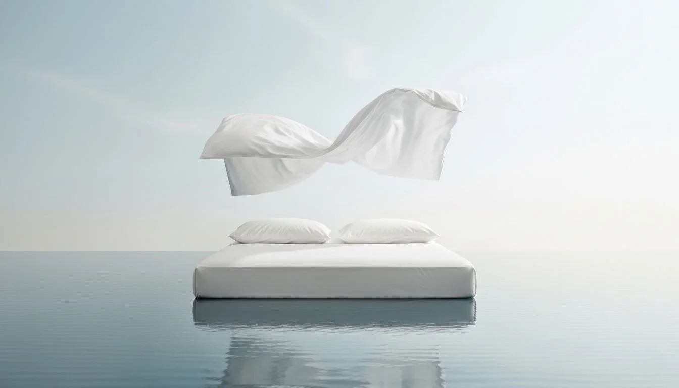Pristine white mattress and bedding floating over water, showcasing the results of professional household item cleaning.