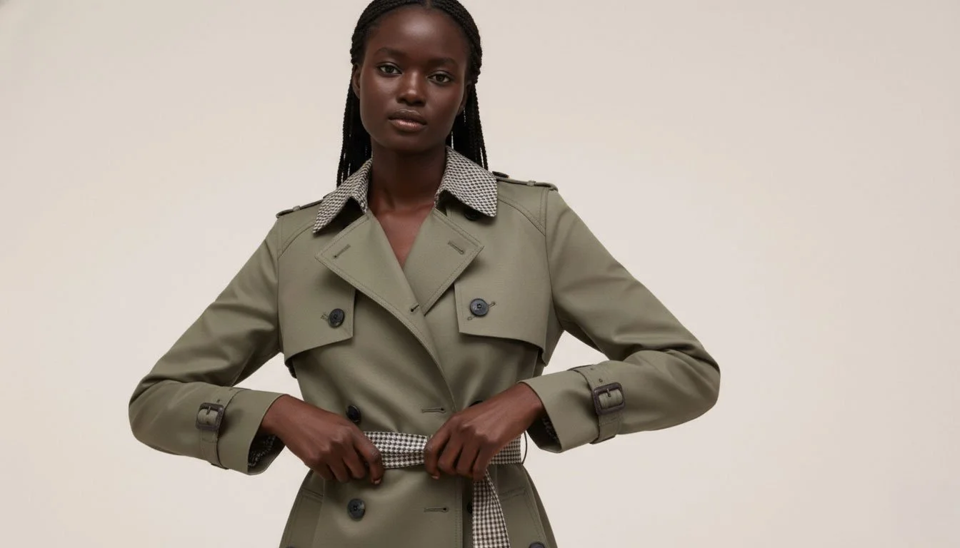Woman wearing an olive green trench coat with patterned accents; essential tips for professional trench coat care.