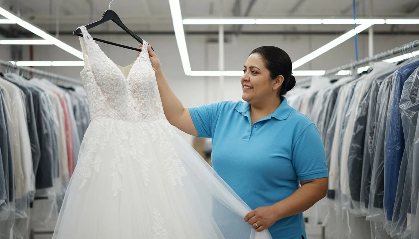 Professional handling of a white lace bridal gown for wedding dress cleaning & preservation in a garment care facility.