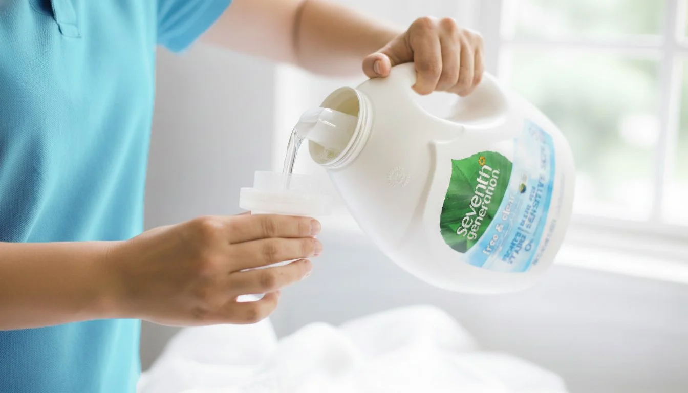 Pouring Seventh Generation Free & Clear liquid detergent into a cap, an infant friendly choice for sensitive laundry.