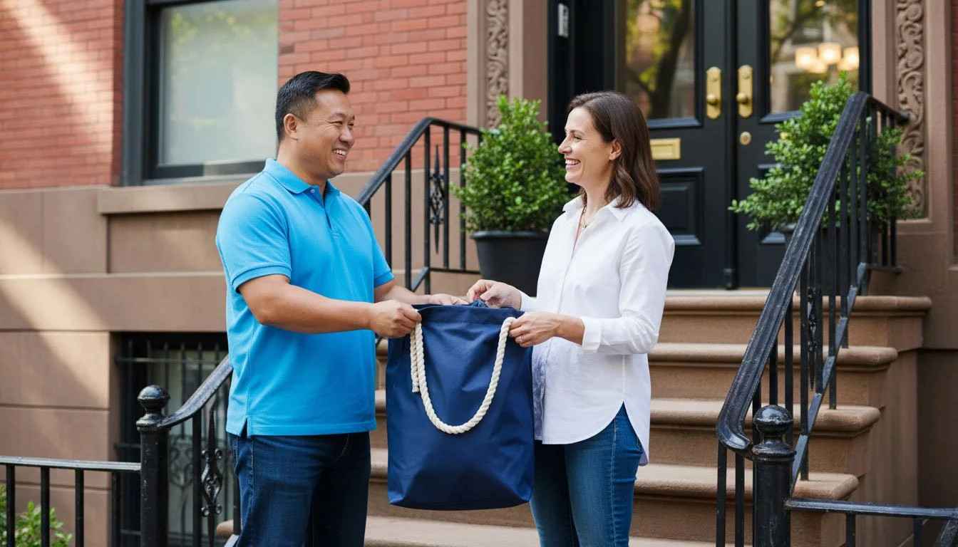 A professional from the Happy Cleaner pickup service hands a laundry bag to a smiling customer on her front steps.