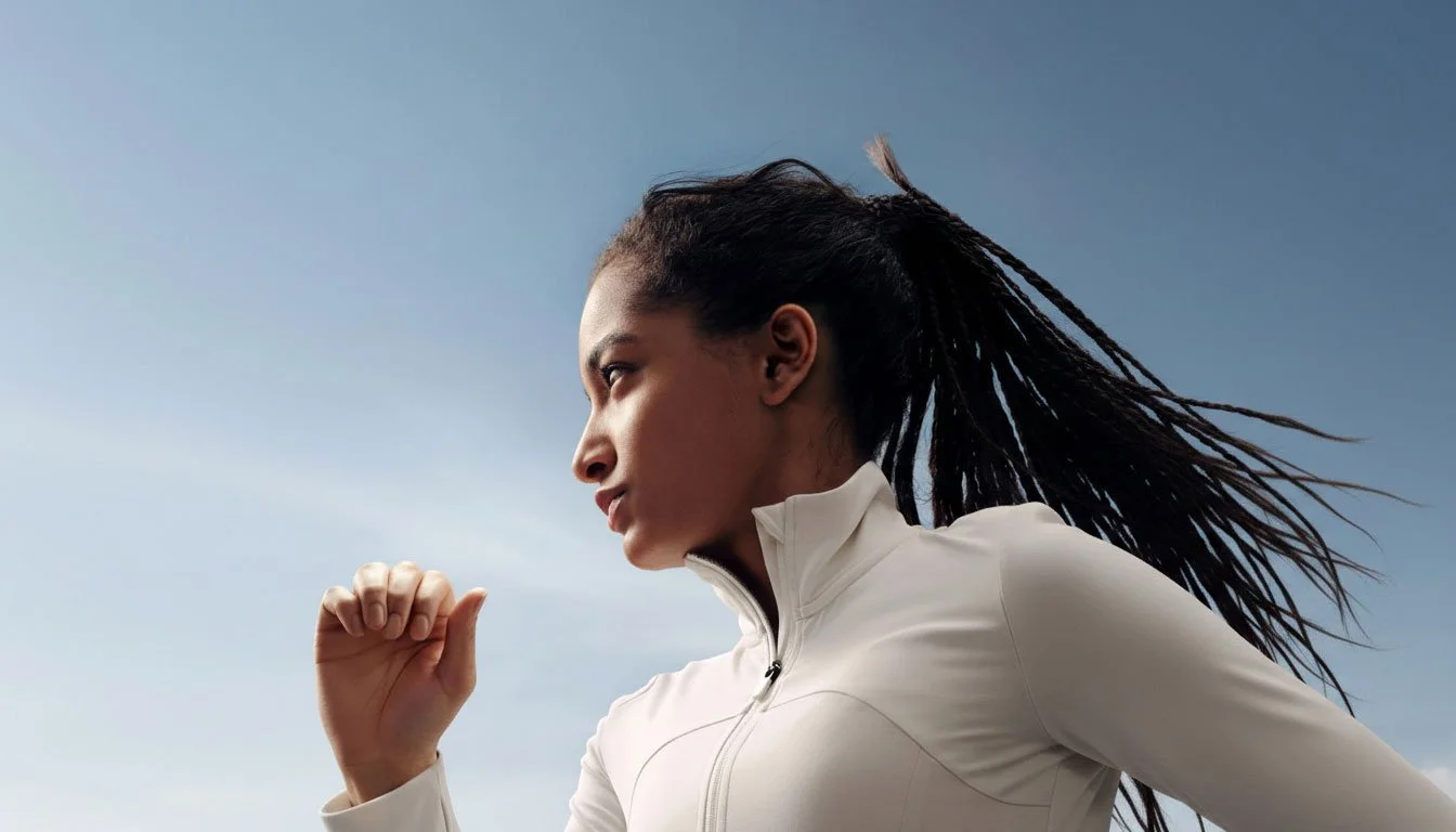 Woman with long braided hair running outdoors wearing white technical outerwear against a clear, bright blue sky background.