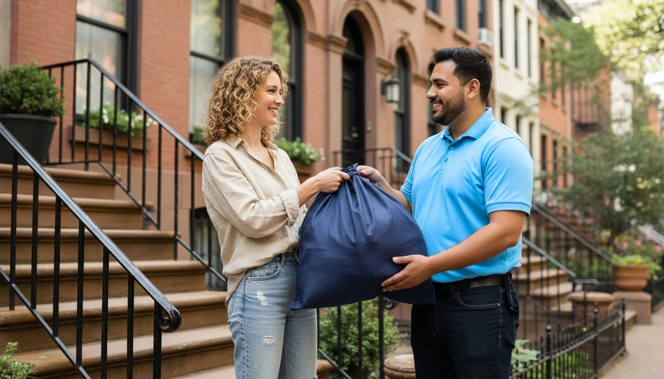 A smiling woman hands a laundry bag to a Happy Cleaners Wardrobe Care professional outside her urban brownstone home.