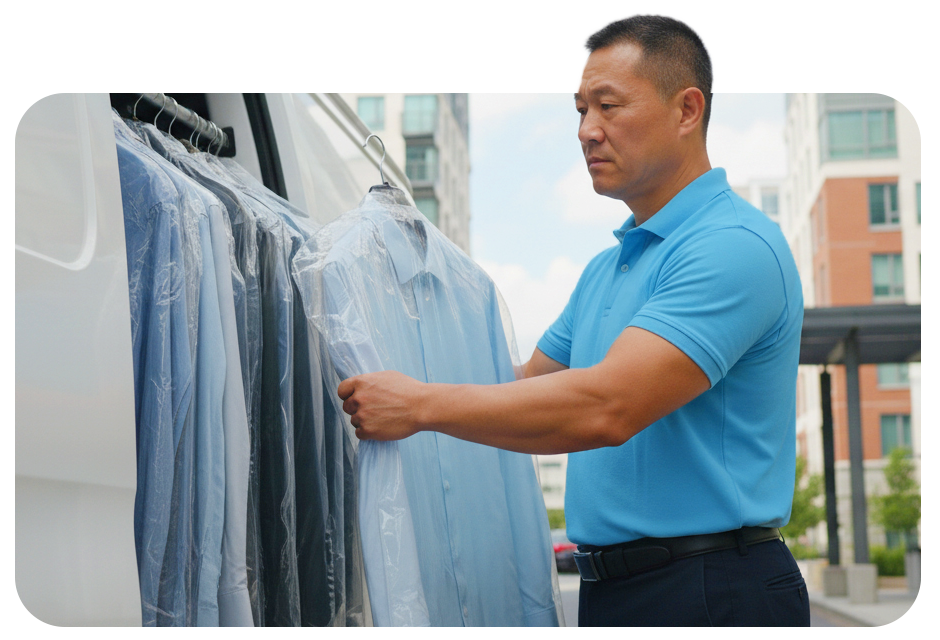 A service professional loads freshly pressed garments into a delivery van for an expert shirt laundry and cleaning service.
