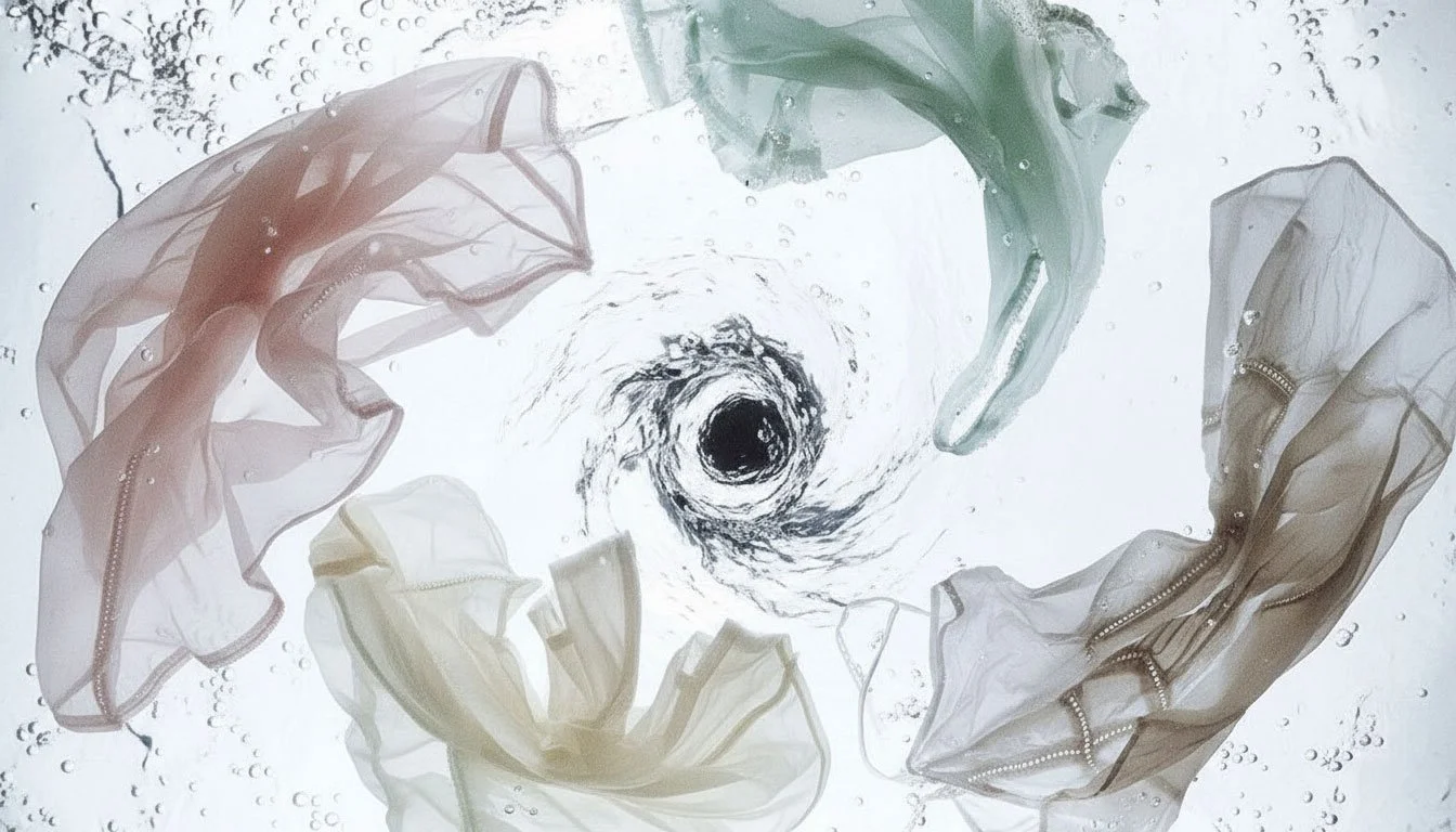 Sheer pastel garments swirling in a water vortex, highlighting delicate laundry care for The Spring Wardrobe Rotation.