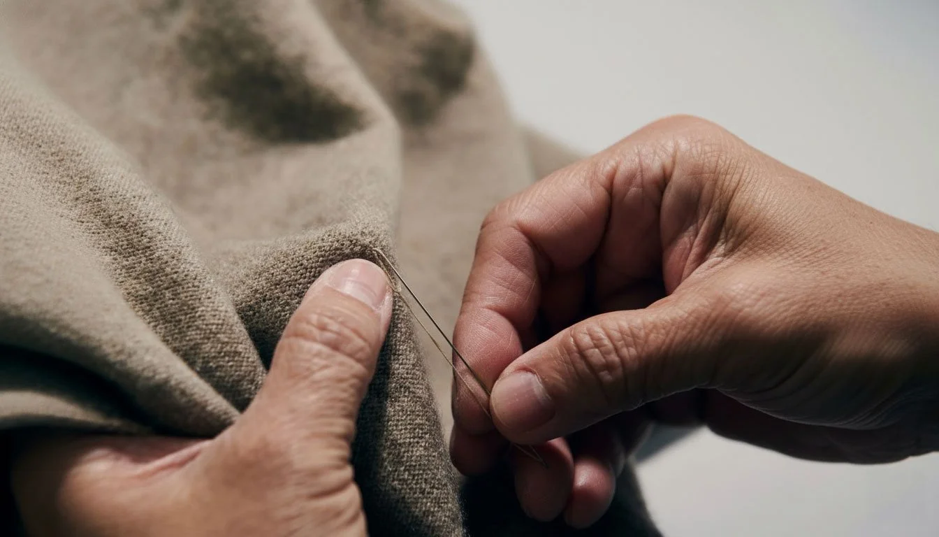 Close-up of hands sewing beige fabric with needle and thread.