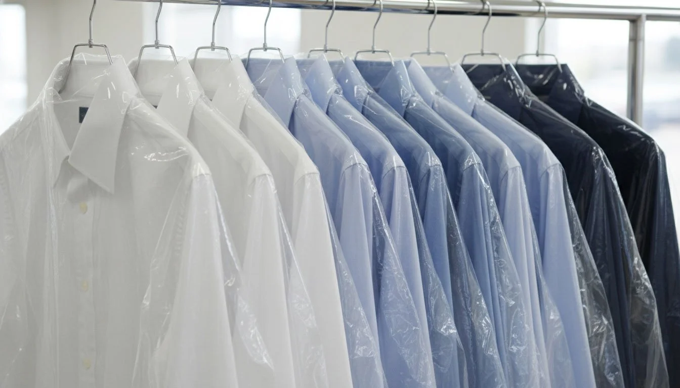 Professional shirt laundry service with crisp, pressed dress shirts hanging in protective plastic garment covers.