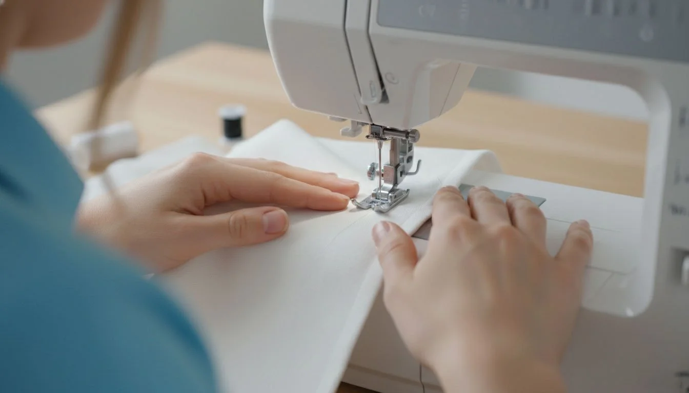 A person sewing fabric with a sewing machine.