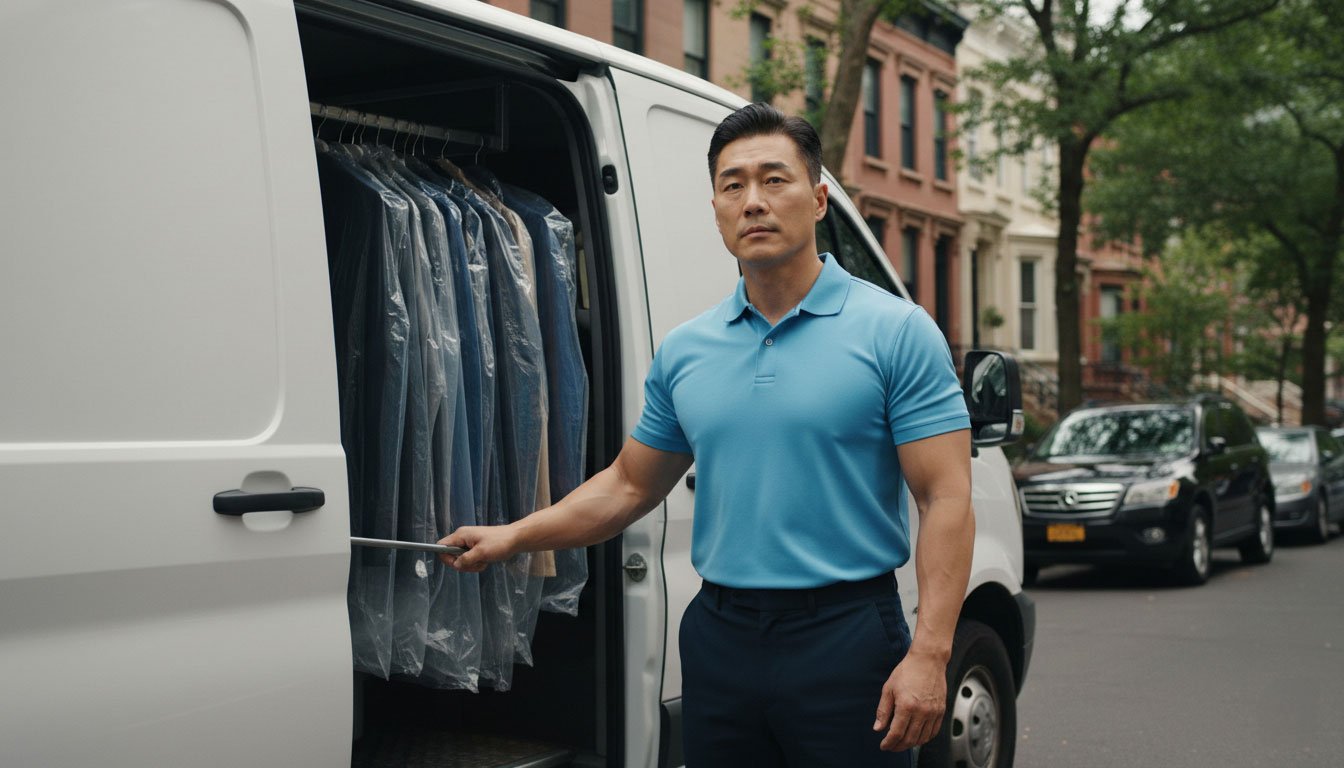 A professional driver standing by a white van full of dry cleaning during a convenient Carroll Gardens pick up.