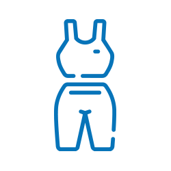 Blue outline cartoon of a person wearing overalls and a tank top.