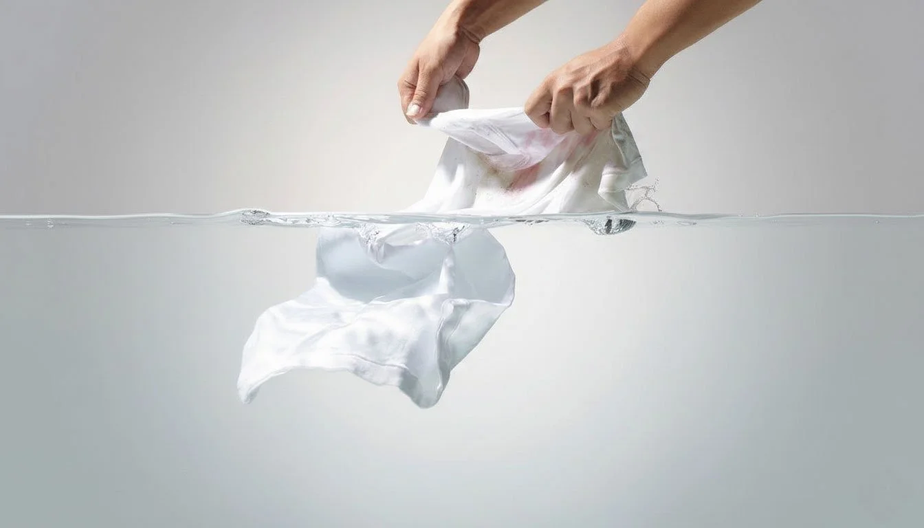 Hands cleaning a stained white shirt in water, representing the expert care of a professional Wash and Fold service.