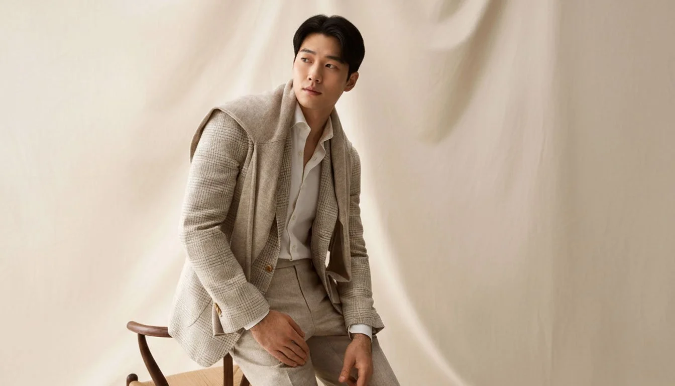 Male model in a luxury beige plaid blazer with a soft cashmere sweater draped over his shoulders in a studio setting.