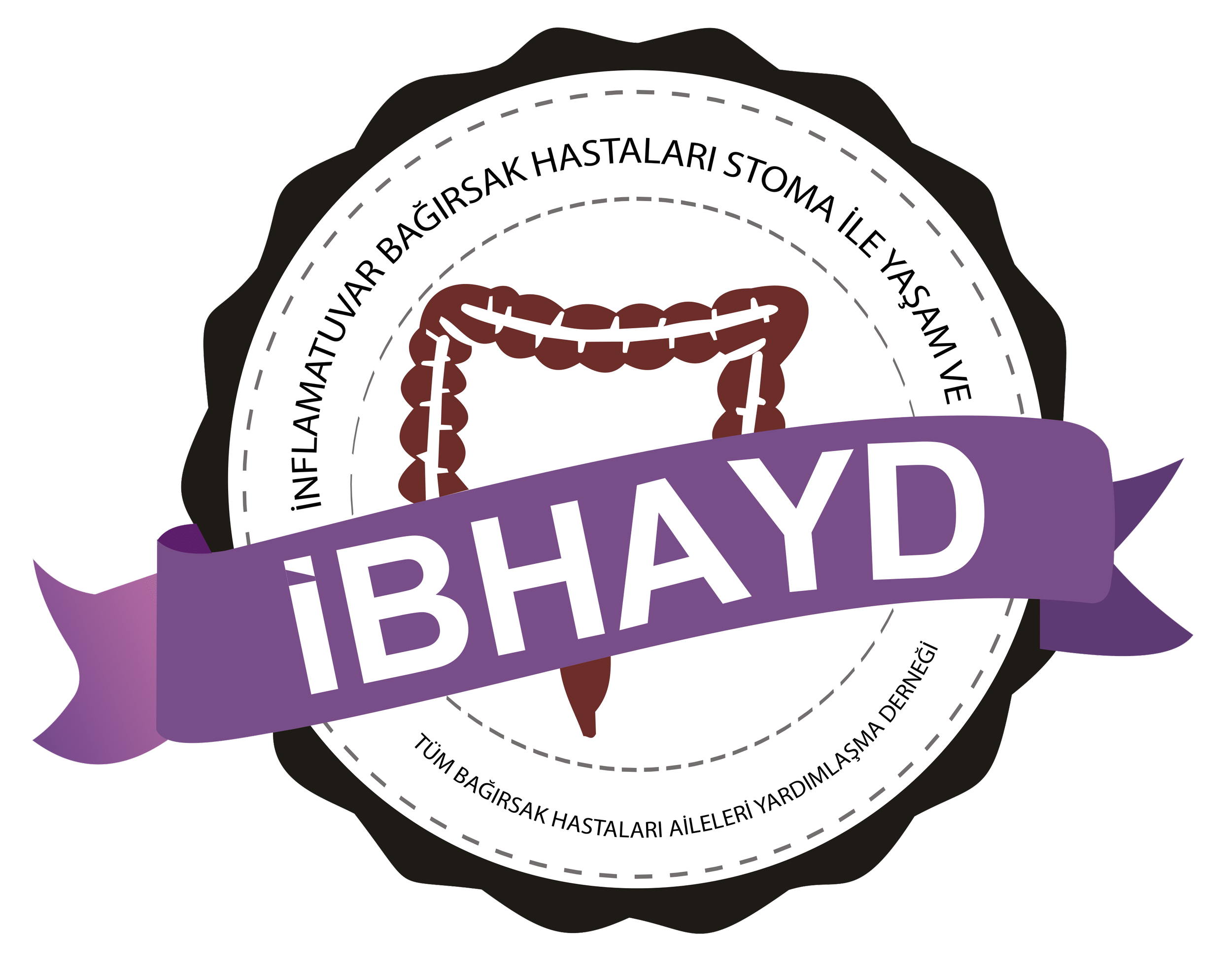A badge with a purple ribbon that says 'İZLAYD' and an inner circle with text in Turkish, including 'İç hastalıkları' and 'Aileleri yardımlaşma Derneği'. The badge features a brown intestines illustration.