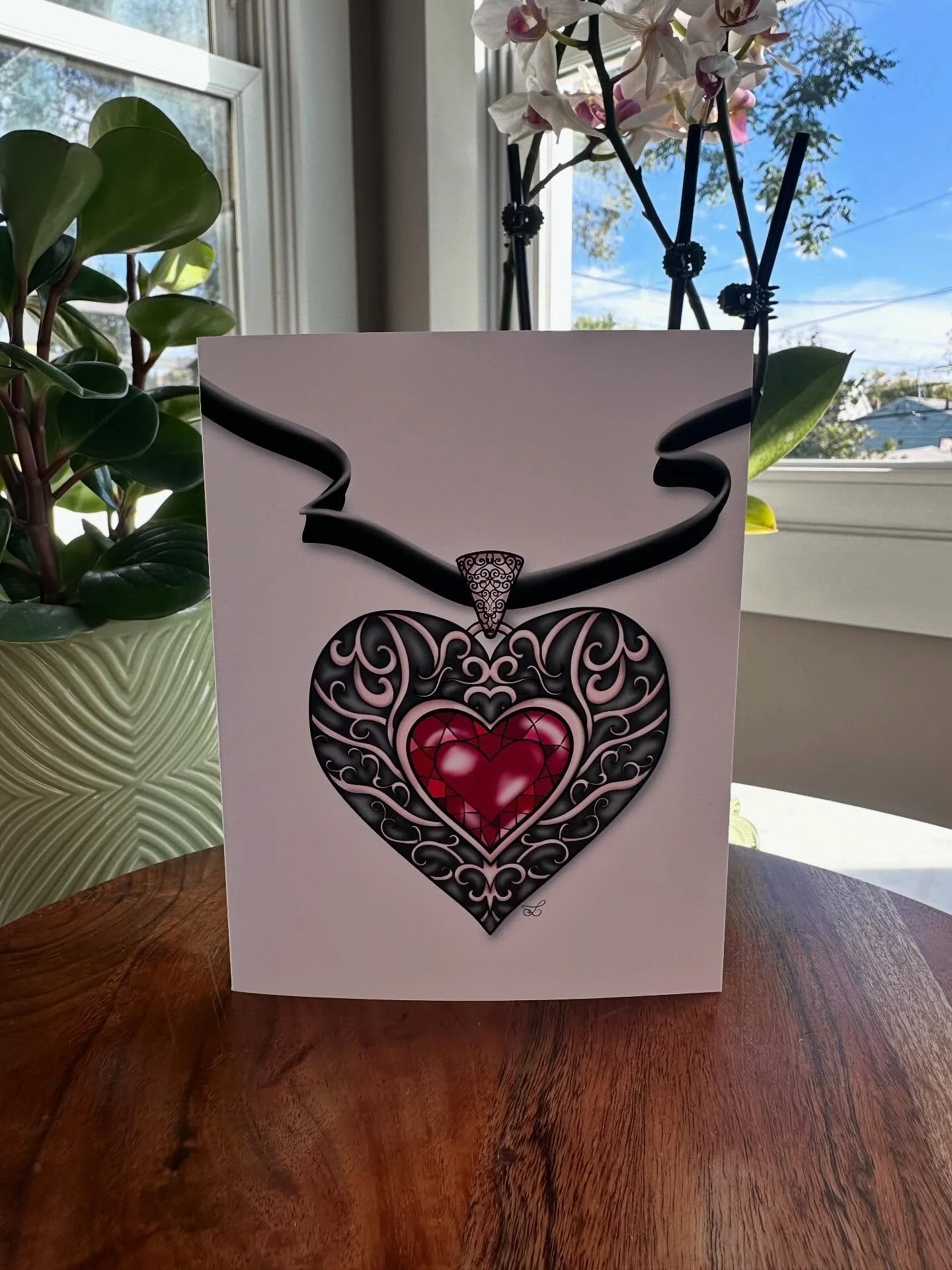 New card is now available online! My depiction of a rose gold antique heart pendant, with bezel set juicy ruby, draped on black lace cord. Perfect for a loved one, anniversary, Valentine&rsquo;s Day, or just because. ❤️❤️❤️ #rochester #madeinrocheste