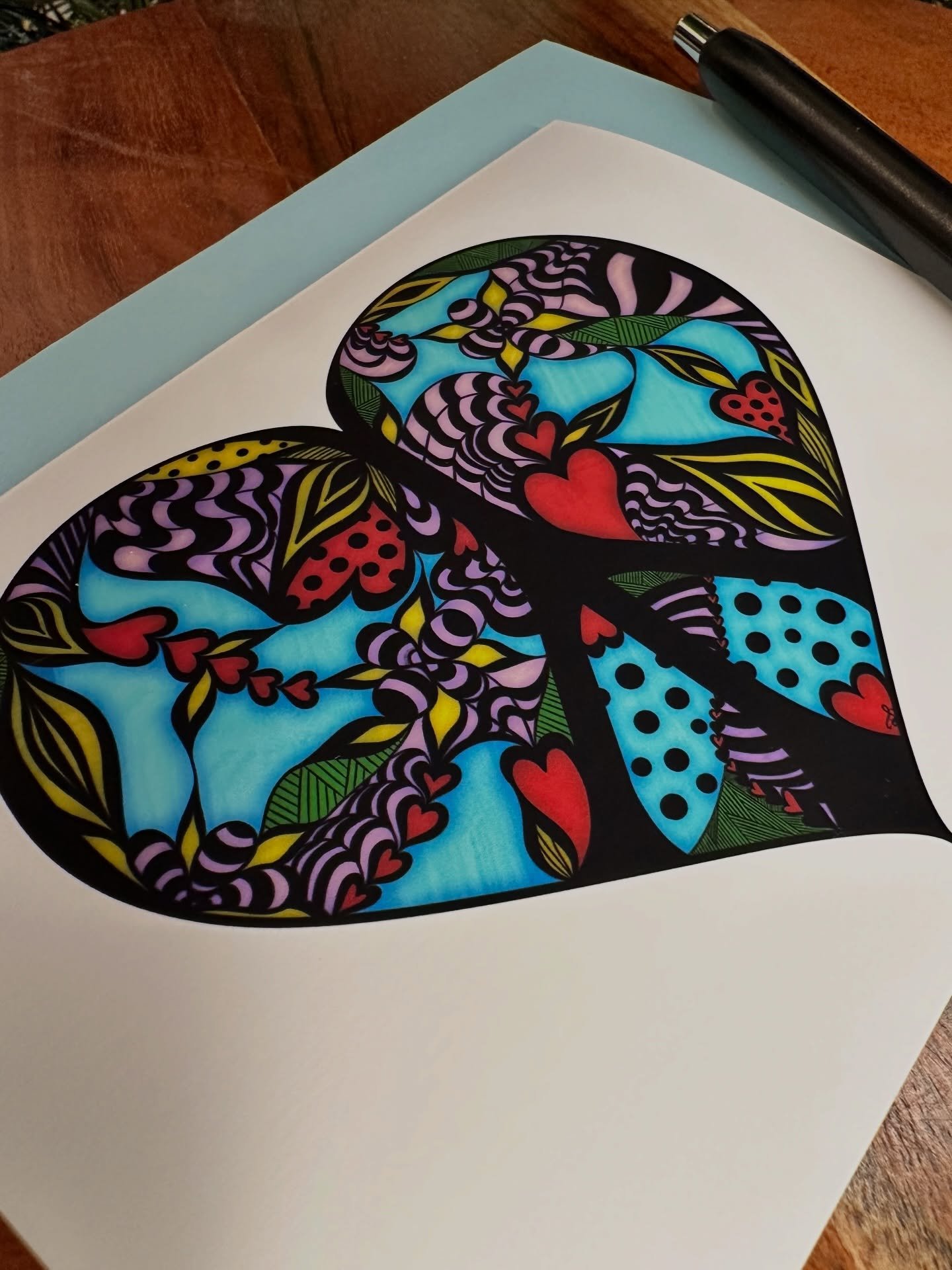 New card! This is an abstract piece I did with a heart peace sign. I really love how it turned out! ☮️💛 #rochesterartist #art #drawing