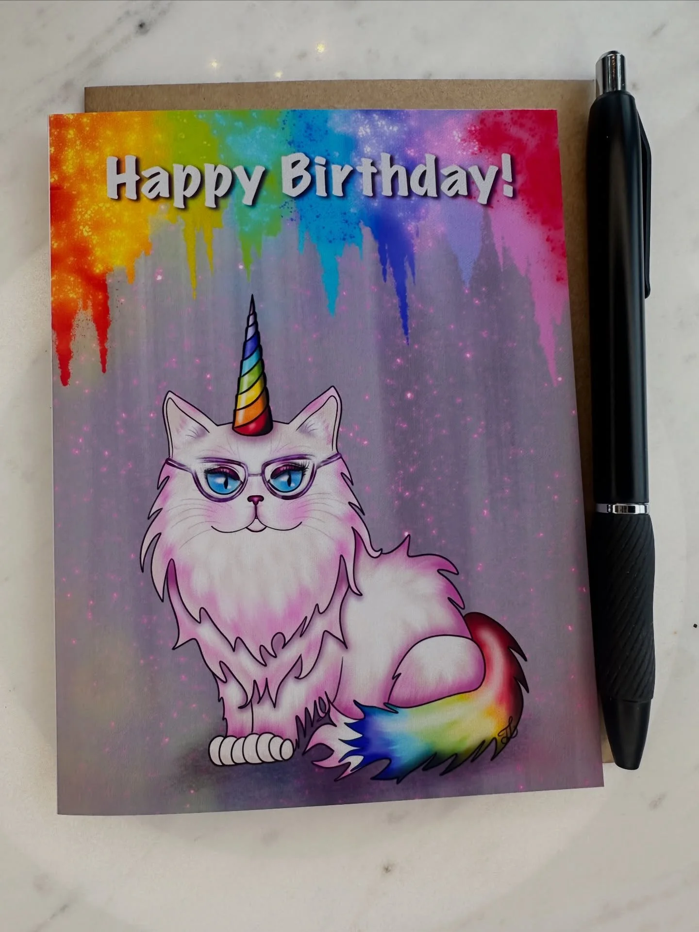 Two new kitty cards! An LGBTQ+ themed birthday card, and a kitty blinged out in her diamond tennis bracelet and stud earrings 🏳️&zwj;🌈💎💛