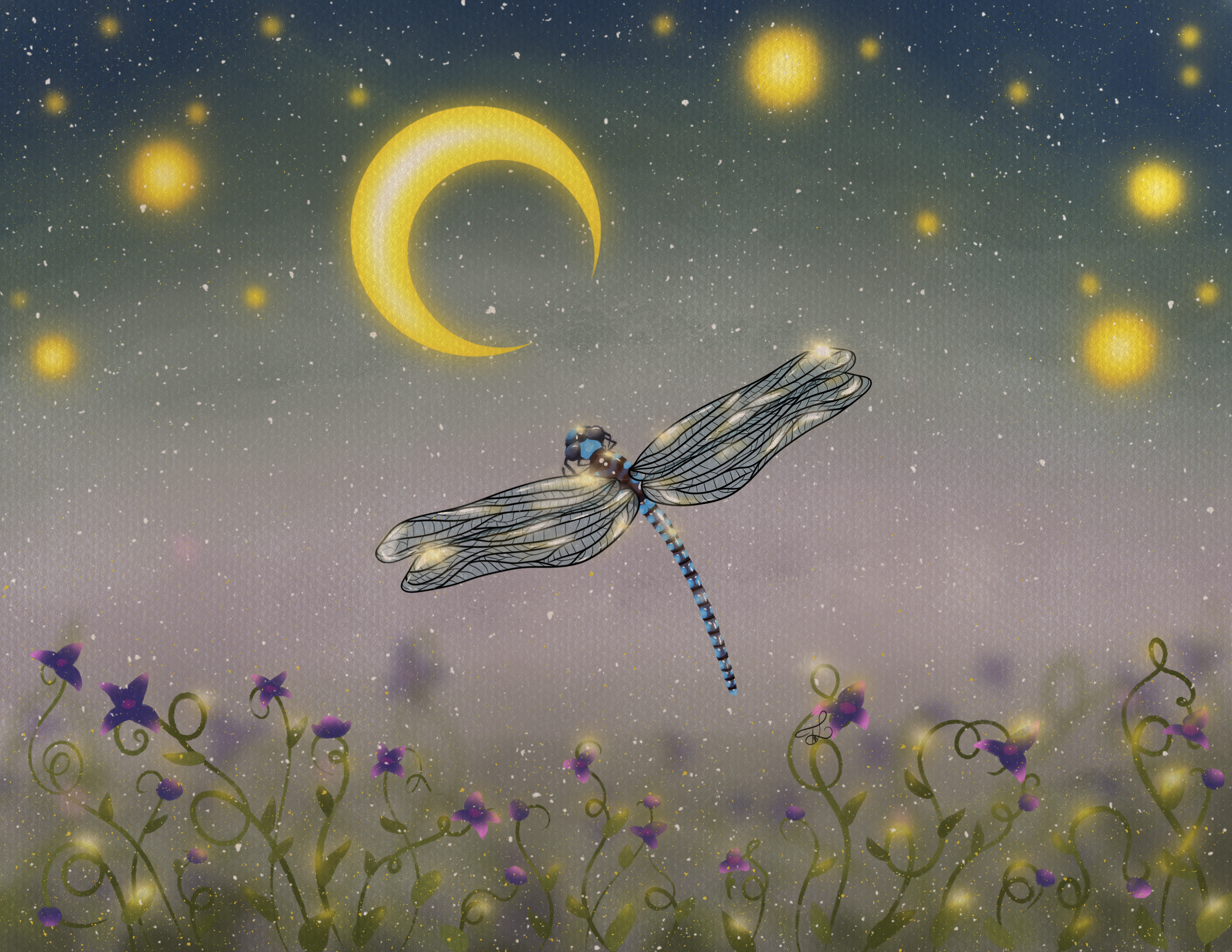A digital illustration of a dragonfly flying in a dreamy night sky with a crescent moon and glowing stars, over purple flowers with green swirls.