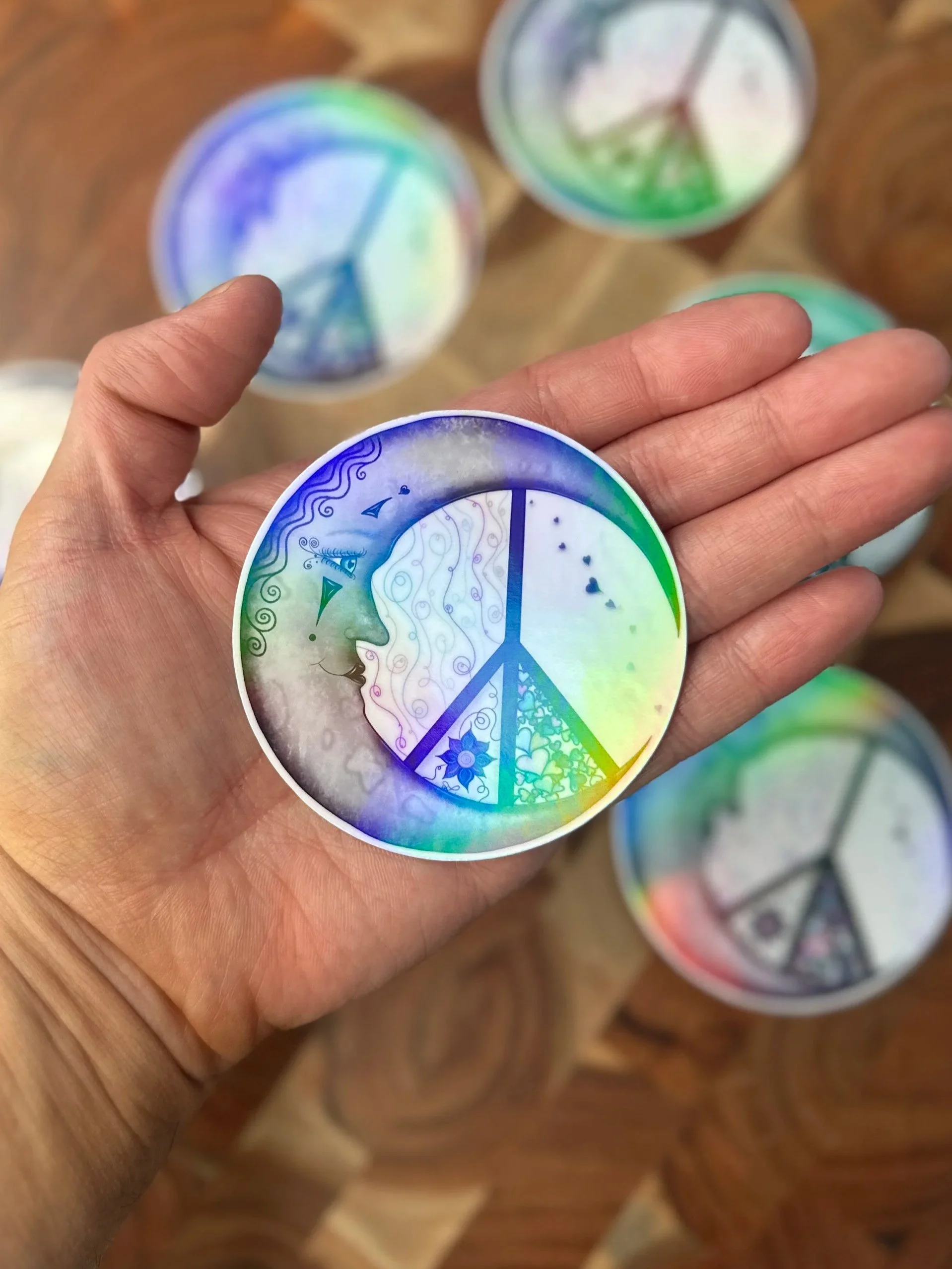 Moon with Peace Symbol Holographic Sticker