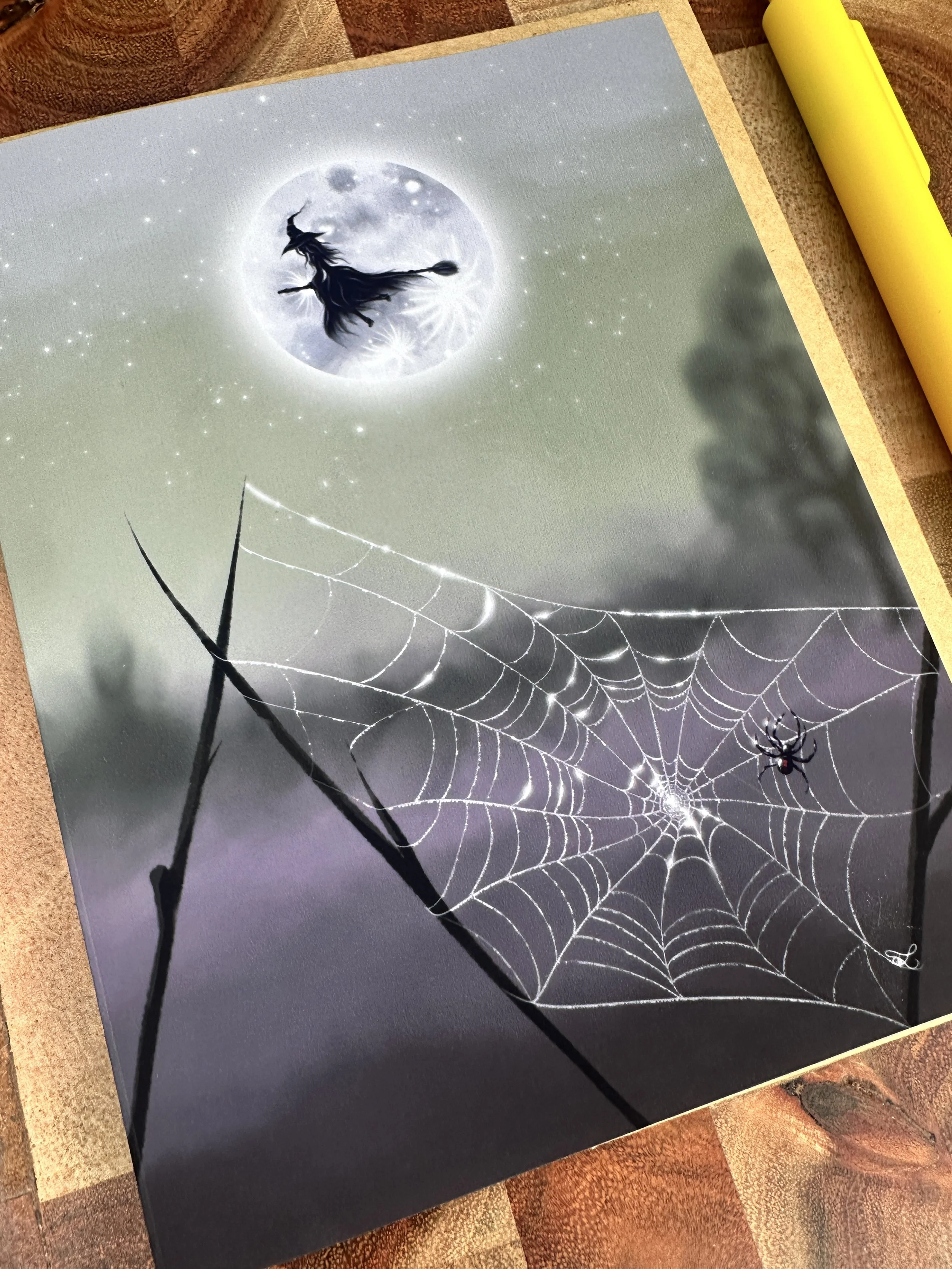 Halloween Night Sky With Witch & Spider Greeting Card