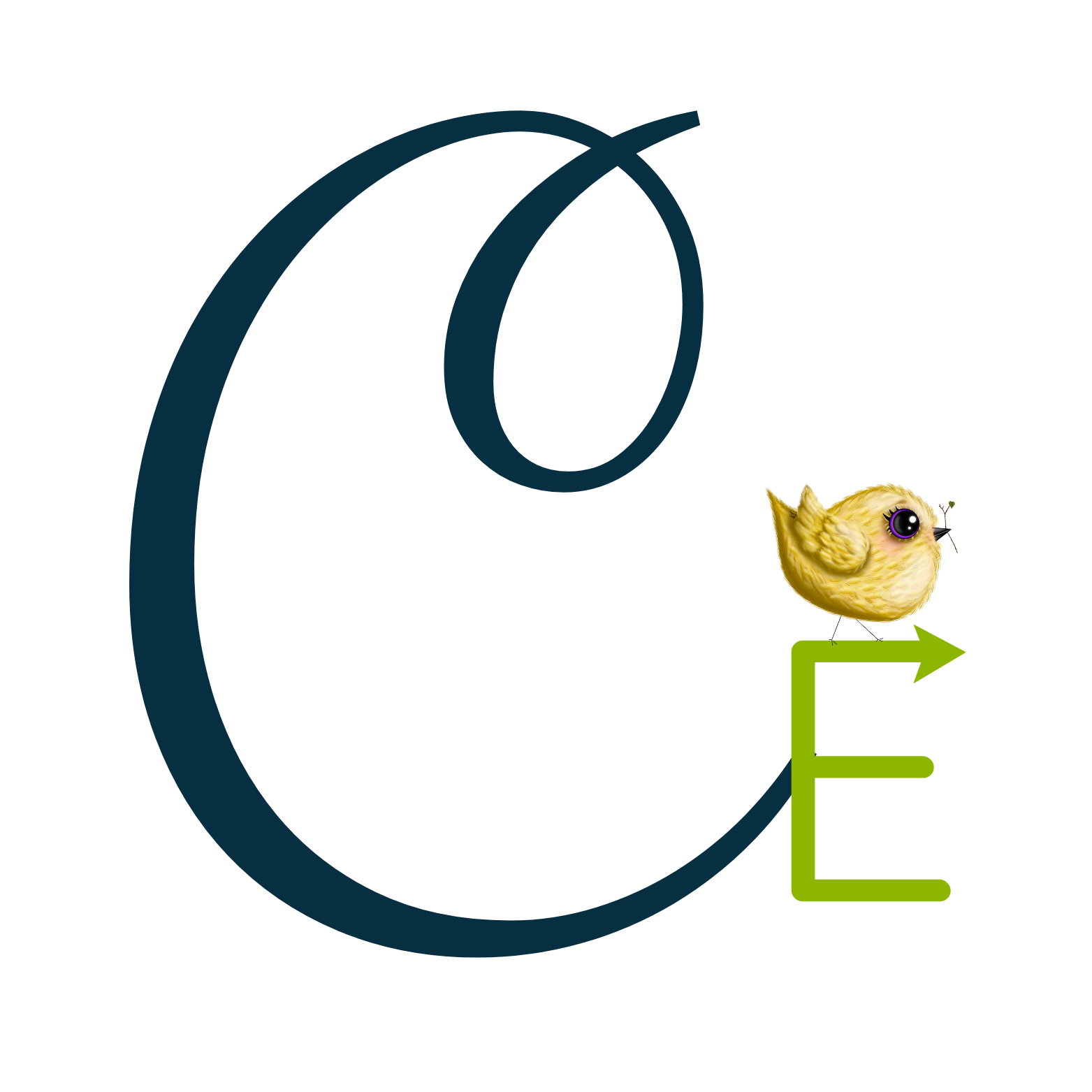 Diagram of the letter 'C' with a chick graphic and the word 'e' in green, arranged to spell the word 'CODE'.