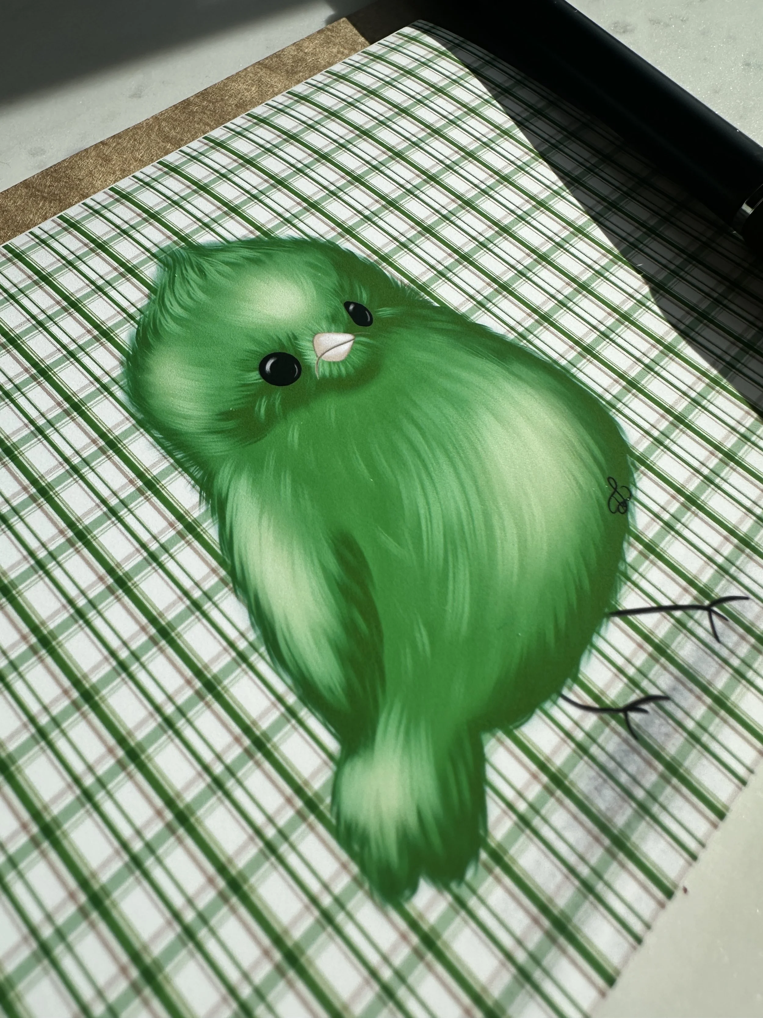 A colorful illustration of a cute, fluffy green bird with big black eyes and a tiny beak on a checkered background.