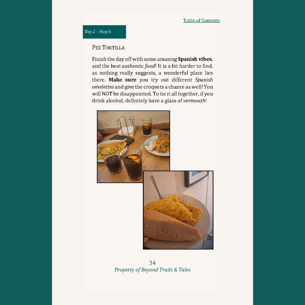 A cookbook page with two photographs of Spanish breakfast dishes. The top photo shows a table with plates of tortillas, glasses of soda, and a napkin holder. The bottom photo shows a plate with scrambled eggs and a slice of bread.