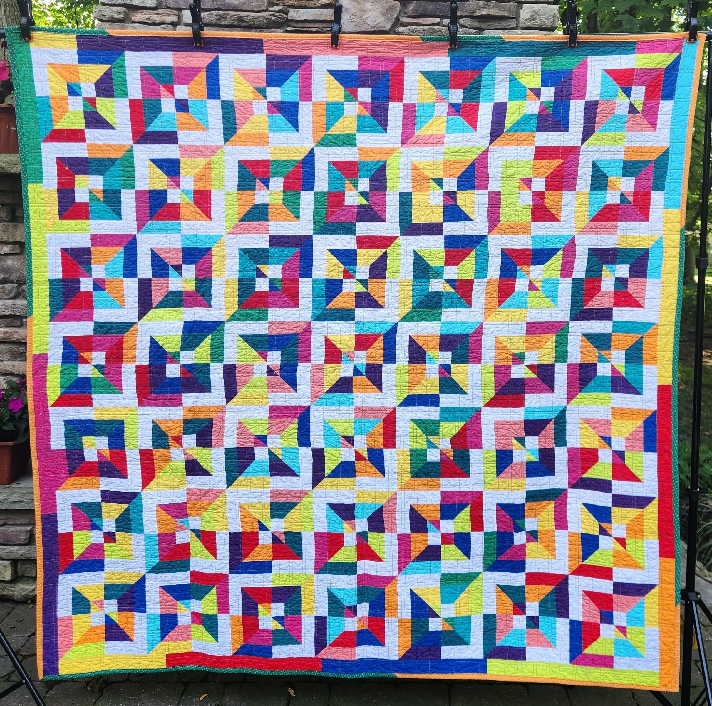 Bright Rails Quilt – 70" x 70" | One of a Kind Modern Rainbow Quilt